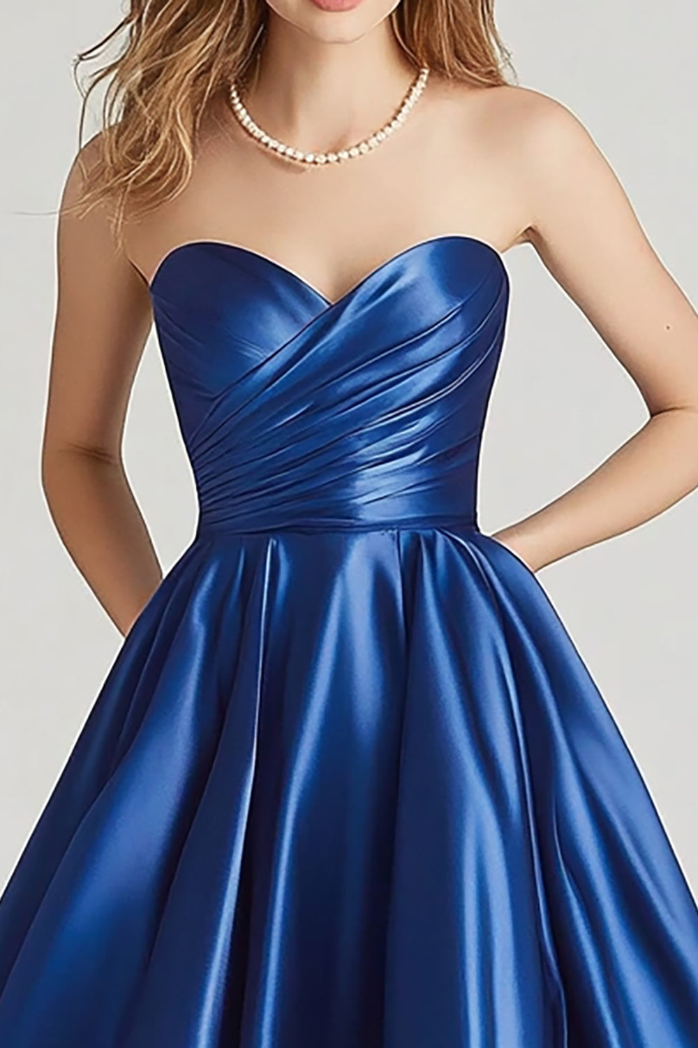 Dark Blue Ball Gown Strapless Sweetheart Maxi Satin Prom Dress