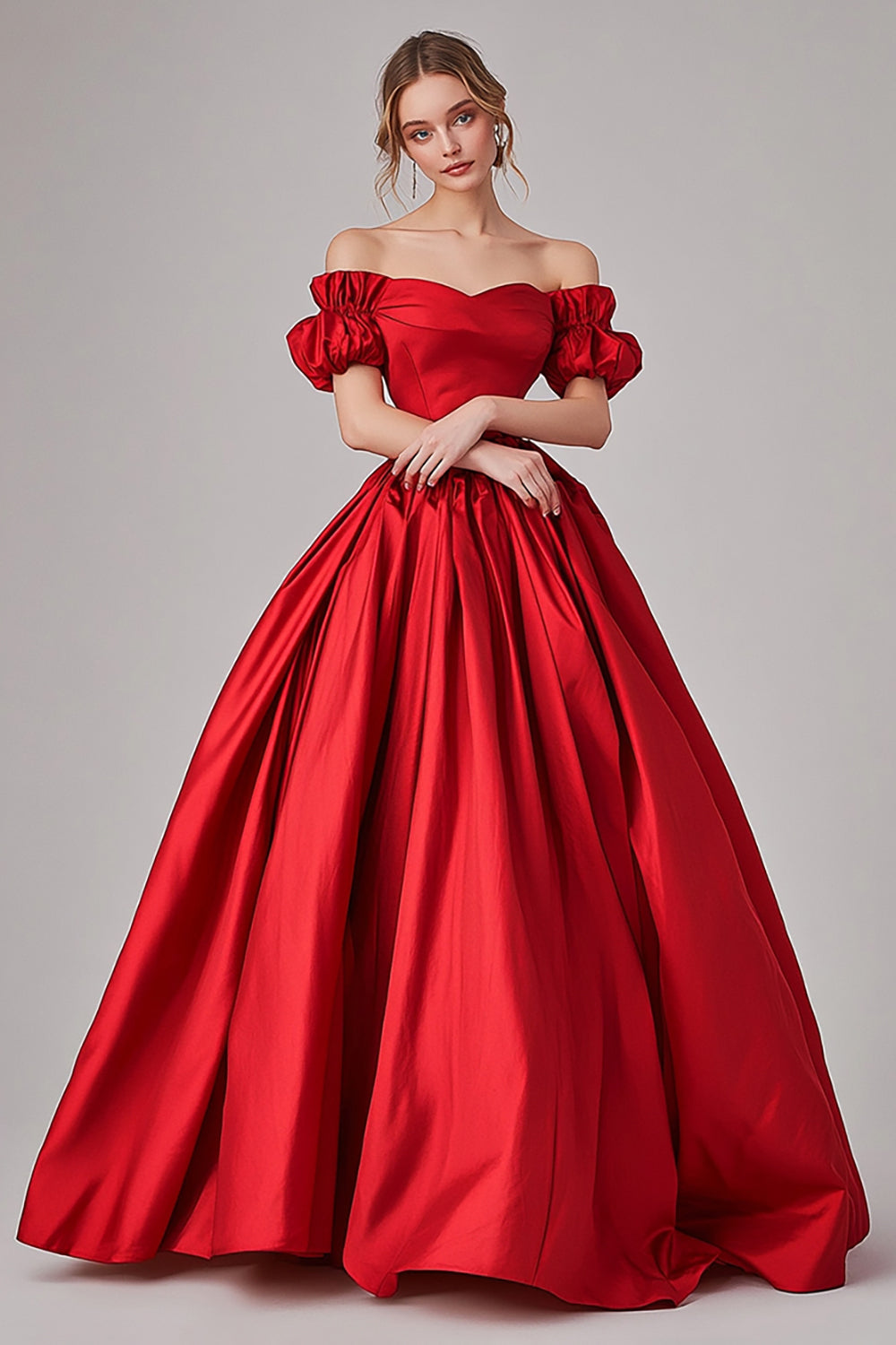 Red Ball Gown Off the Shoulder Puff Sleeves Maxi Pleated Prom Dress