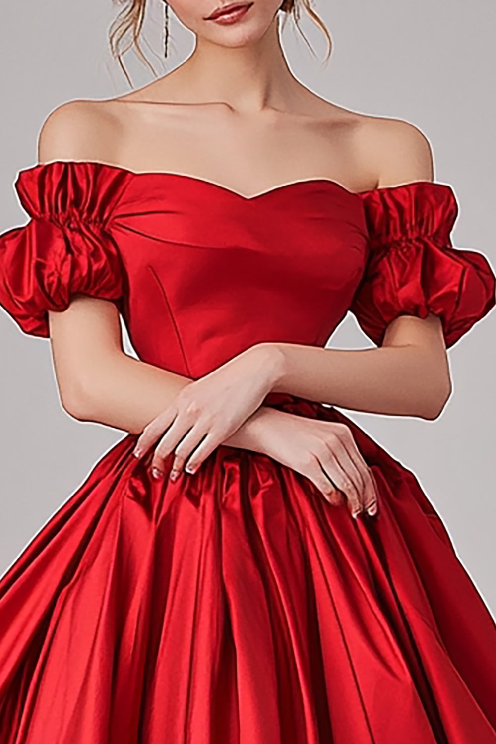 Red Ball Gown Off the Shoulder Puff Sleeves Maxi Pleated Prom Dress