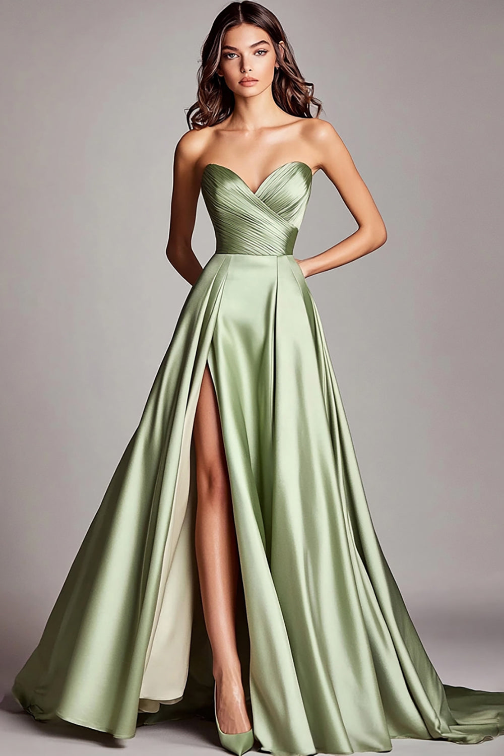 Leely Women Dusty Sage A Line Satin Maxi Prom Dress with Slit Ruched Strapless Long Formal Dress