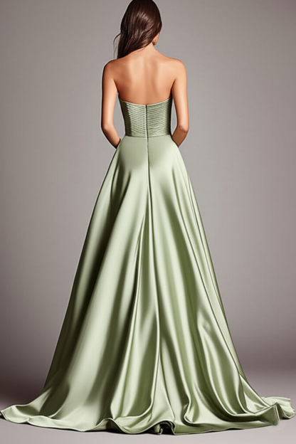 A Line Dusty Sage Sweetheart Strapless Maxi Prom Dress with Slit