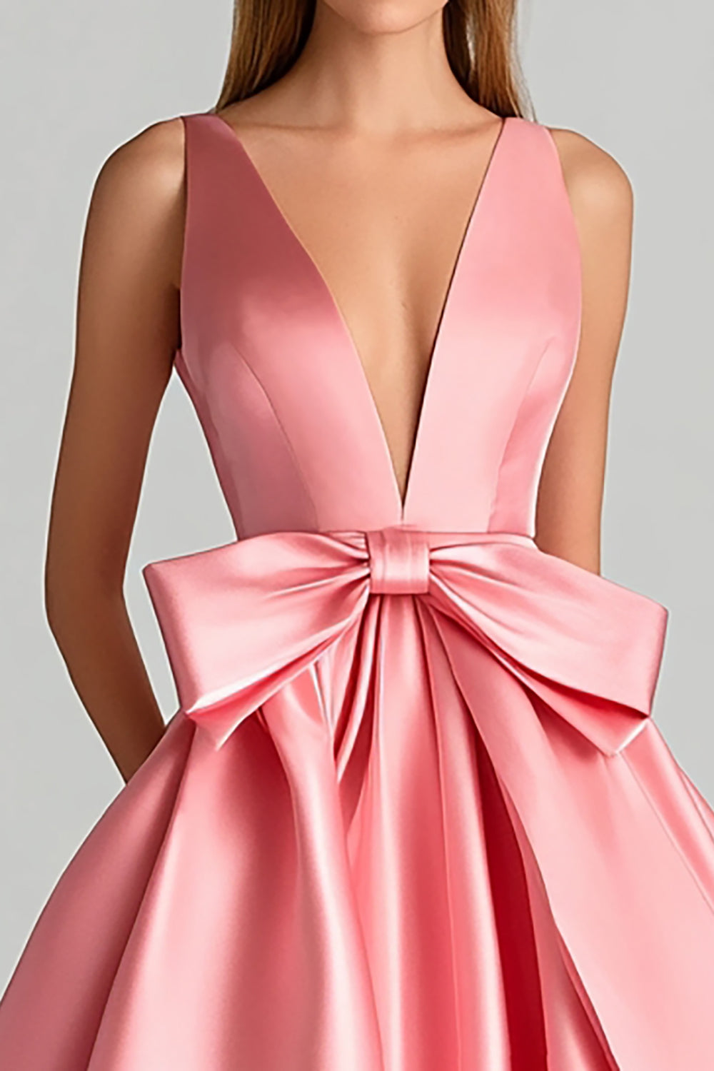 Pink Ball Gown Deep V-Neck Maxi Prom Dress with Bowknot