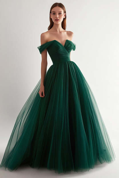 Leely Women Dark Green Tulle Maxi Ball Gown Prom Dress Off the Shoulder Pleated Formal Dress