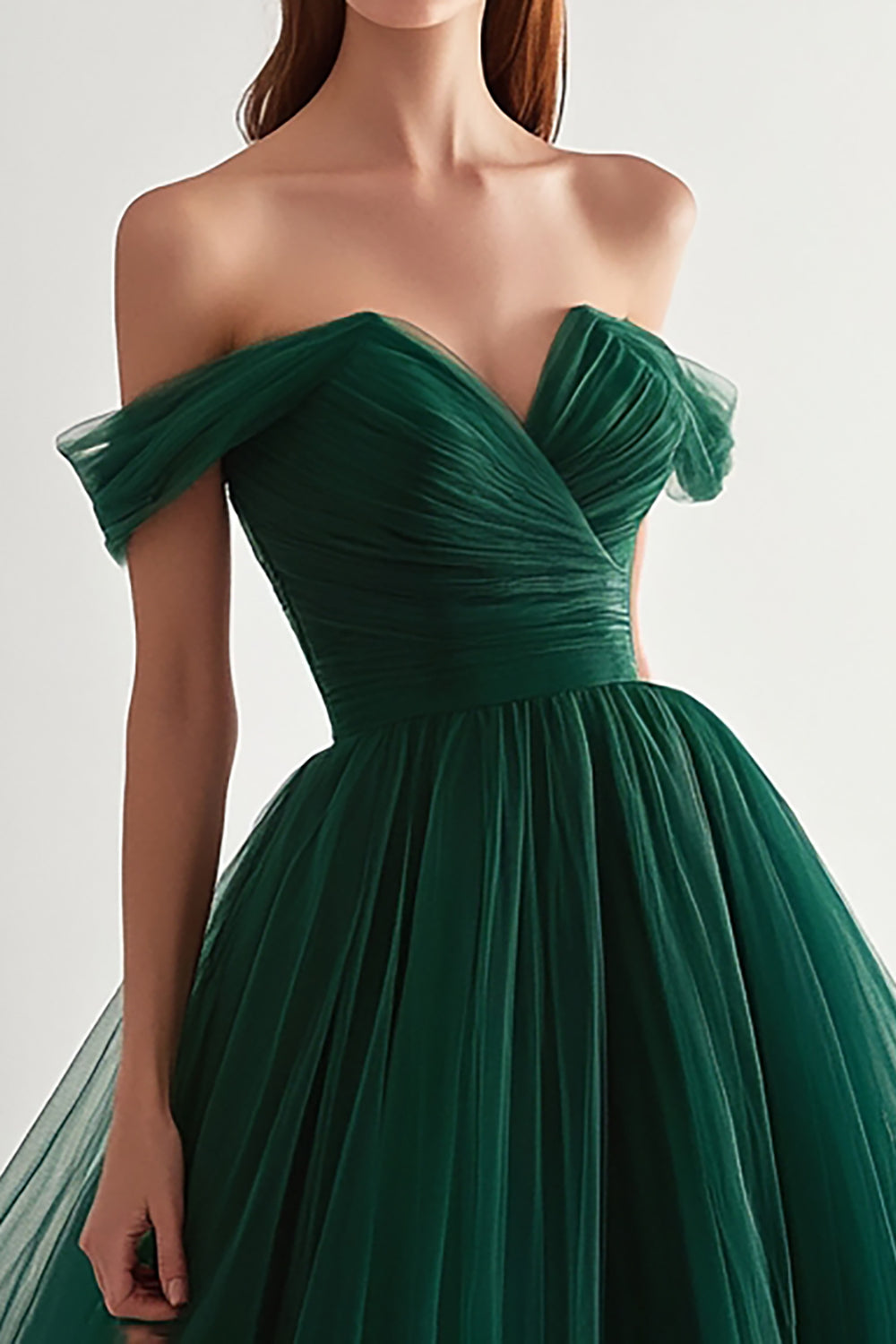 Dark Green Off the Shoulder Ball Gown Pleated Maxi Tulle Prom Dress