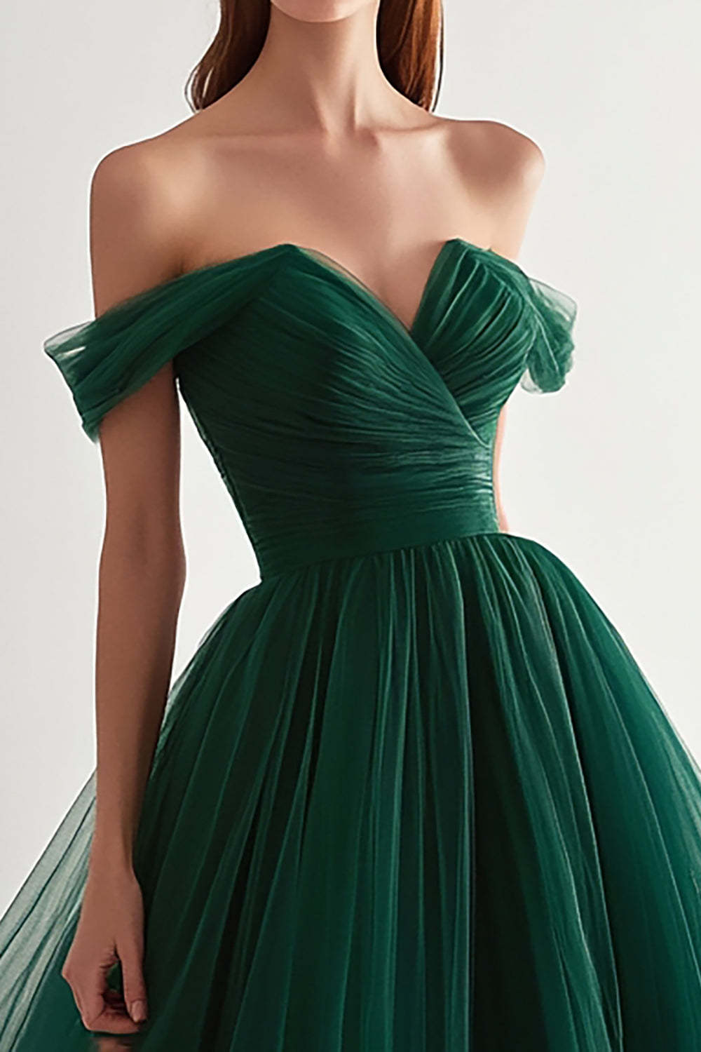 Dark Green Off the Shoulder Ball Gown Pleated Maxi Tulle Prom Dress