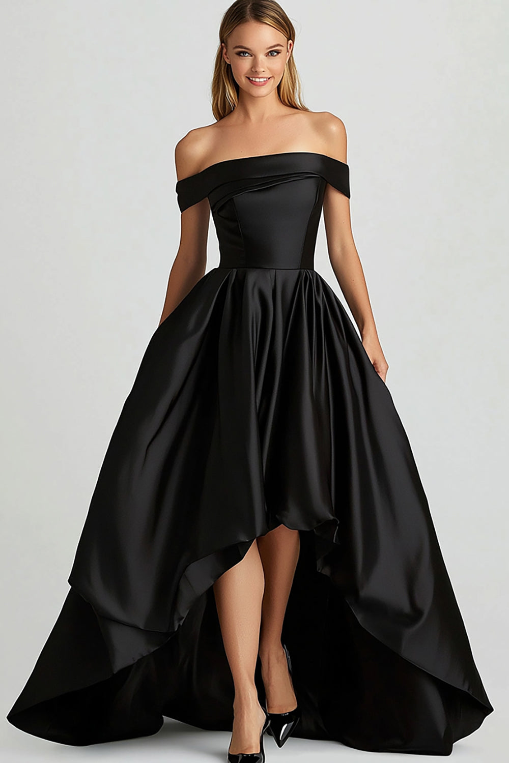 Black Ball Gown Off the Shoulder Satin High-Low Prom Dress