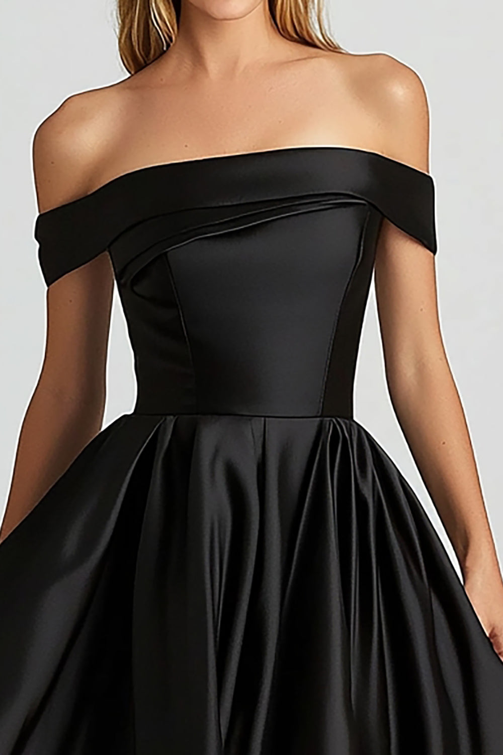 Black Ball Gown Off the Shoulder Satin High-Low Prom Dress