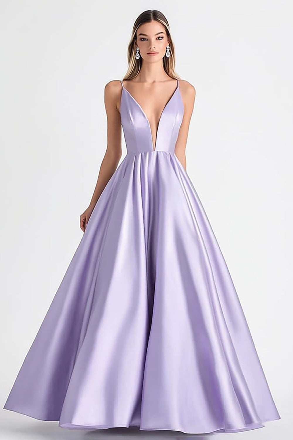 Lilac Satin Deep V-Neck Spaghetti Straps A-Line Maxi Prom Dress