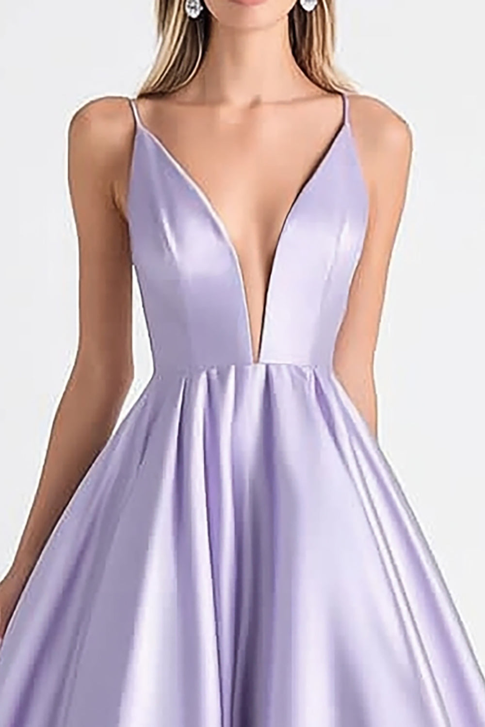 Lilac Satin Deep V-Neck Spaghetti Straps A-Line Maxi Prom Dress