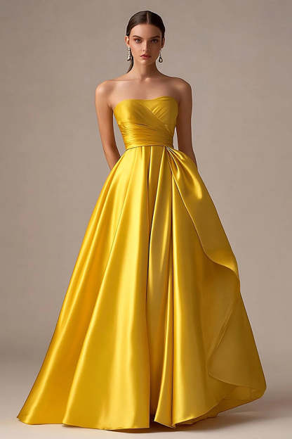 Leely Women Yellow Ball Gown Maxi Satin Prom Dress with Ruffles Strapless Pleated Long Formal Dress