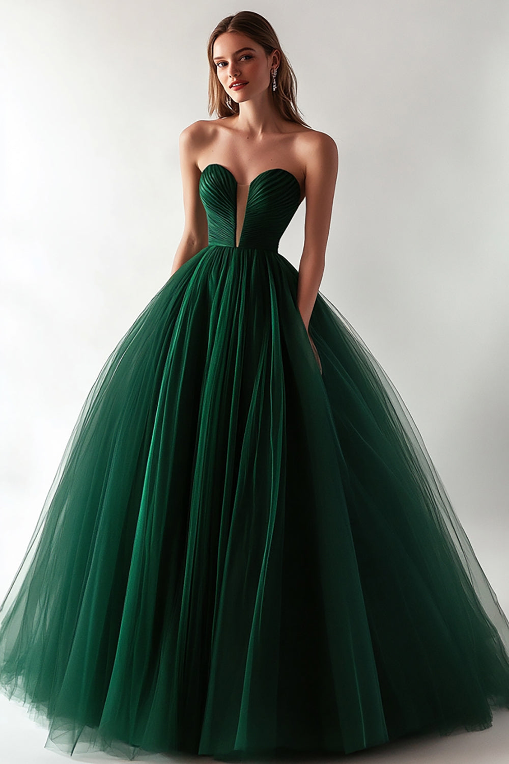 Dark Green Tulle Ball Gown Sweetheart Pleated Long Prom Dress