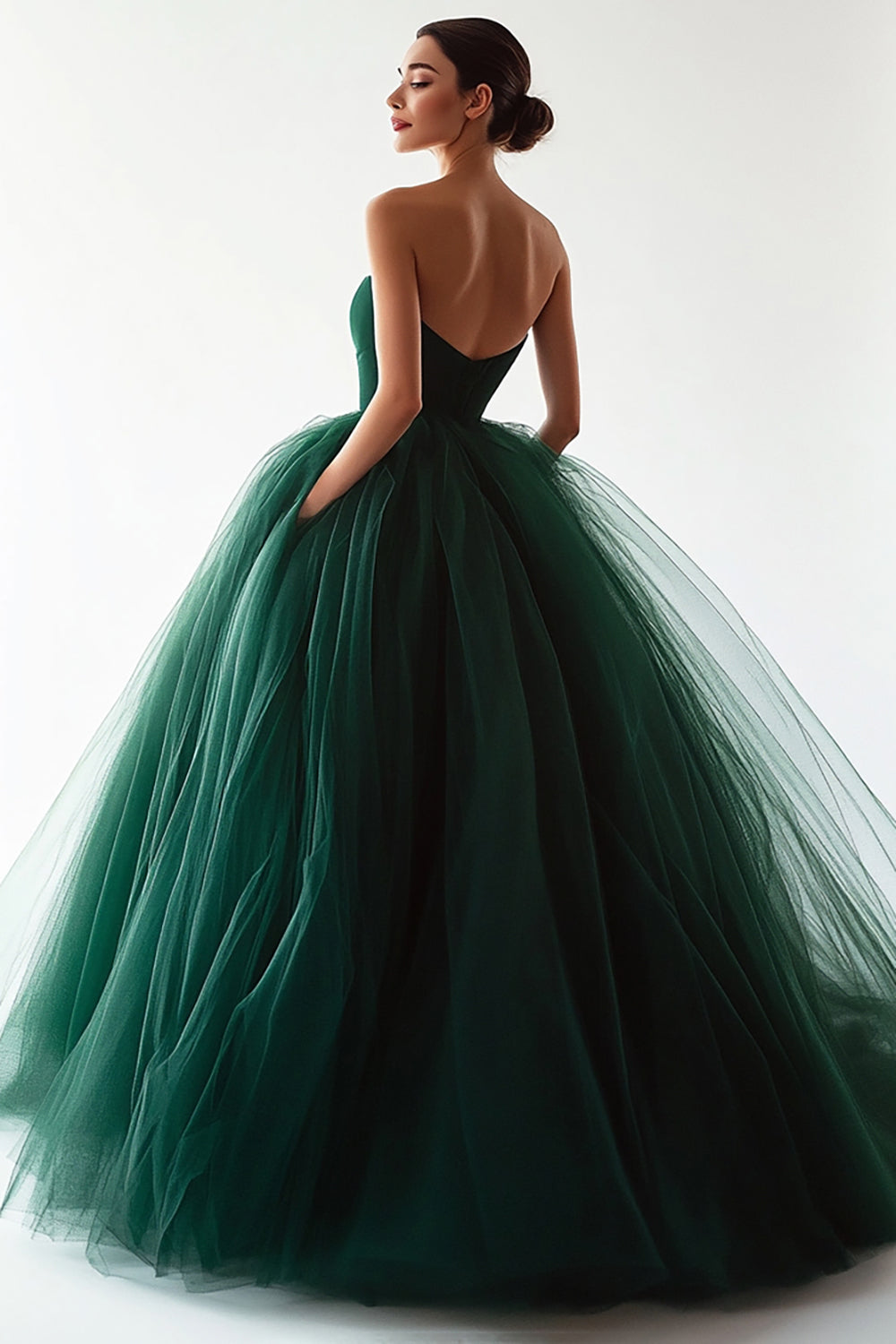Dark Green Tulle Ball Gown Sweetheart Pleated Long Prom Dress
