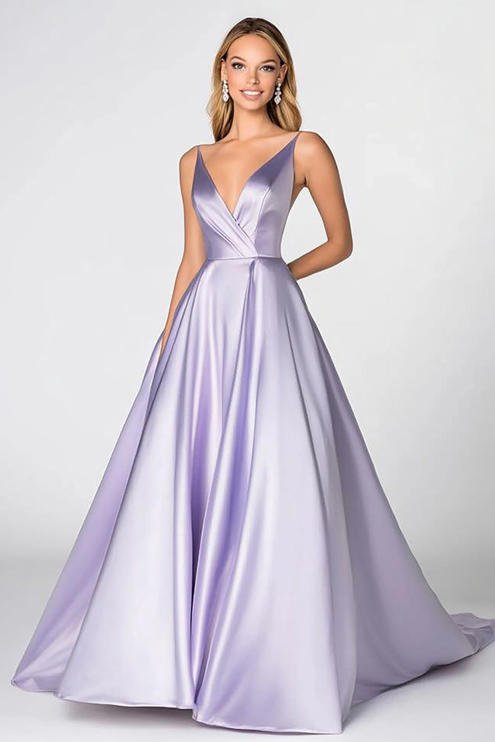 Lilac Ball Gown Satin V-Neck Maxi Prom Dress