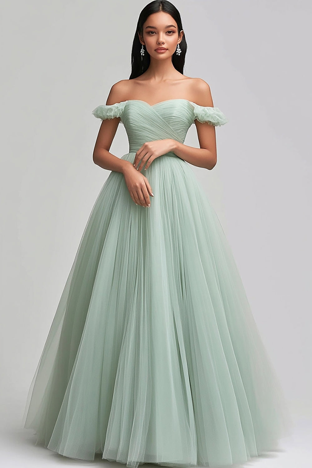 Light Green Tulle A Line Off the Shoulder Pleated Long Prom Dress