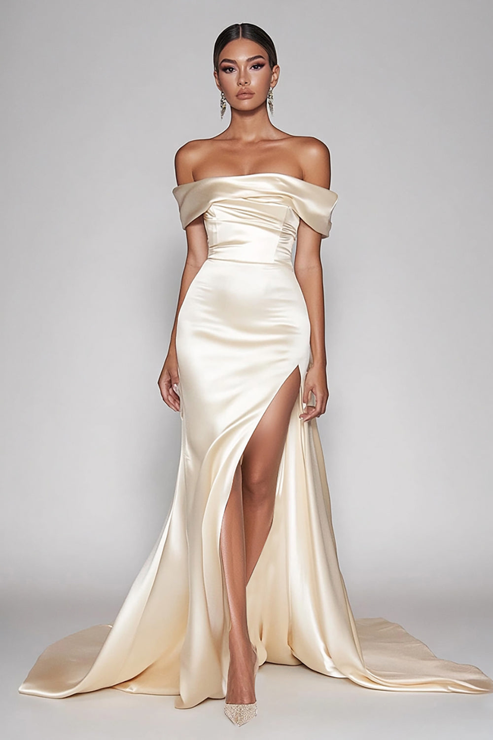 Elegant Champagne Sheath Off the Shoulder Satin Long Prom Dress with Slit