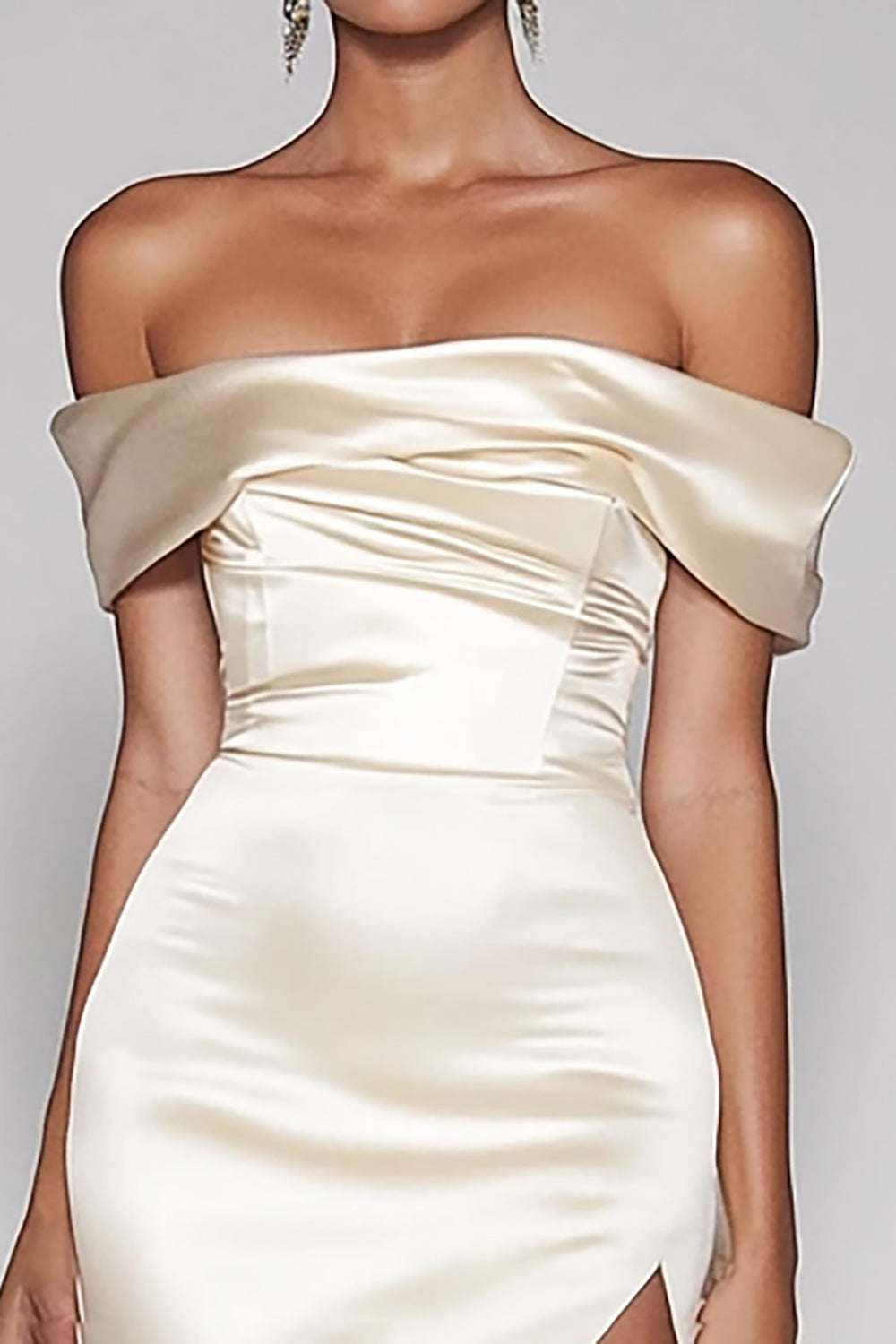 Elegant Champagne Sheath Off the Shoulder Satin Long Prom Dress with Slit