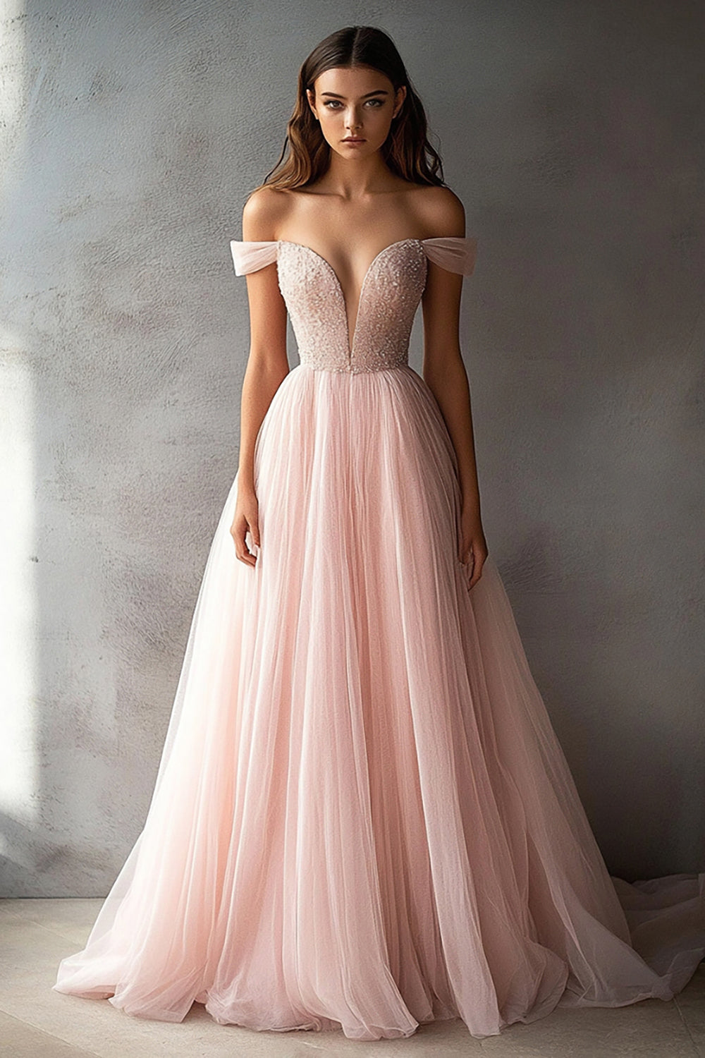 Pink Tulle Off the Shoulder V-Neck A-Line Long Prom Dress