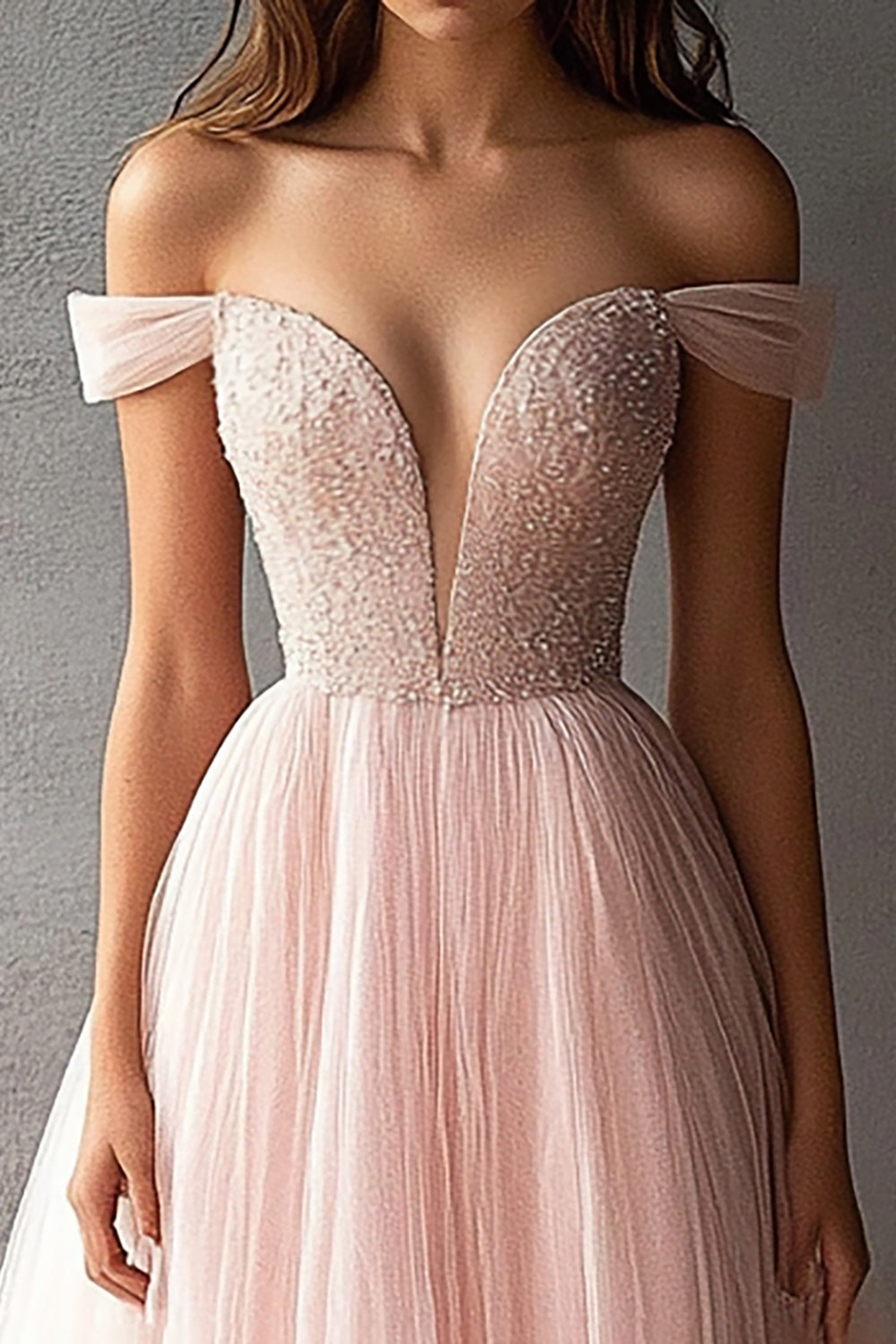 Pink Tulle Off the Shoulder V-Neck A-Line Long Prom Dress