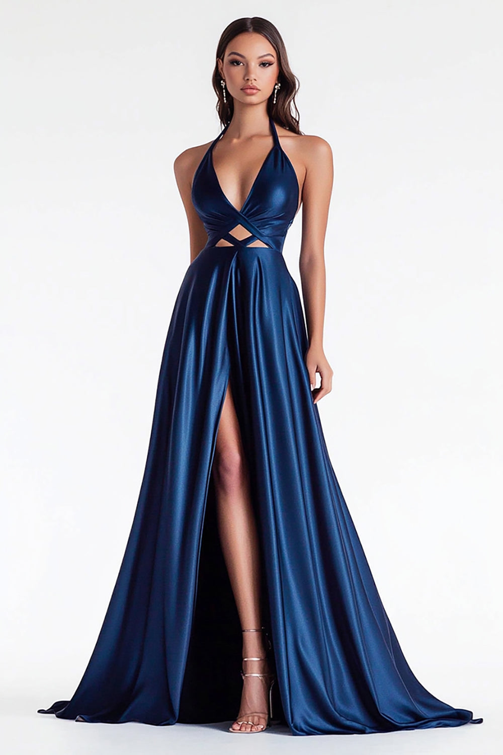 Navy A Line Satin V-Neck Cut Out Maxi Prom Dress with Slit