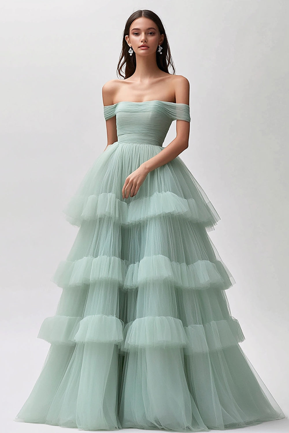 Leely Women Light Green A-Line Maxi Ball Gown Long Prom Dress Off the Shoulder Tulle Tiered Ruched Formal Dress