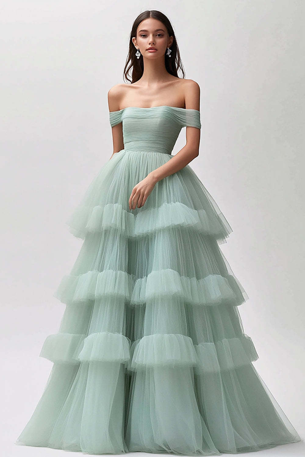 Leely Women Light Green A-Line Maxi Ball Gown Long Prom Dress Off the Shoulder Tulle Tiered Ruched Formal Dress