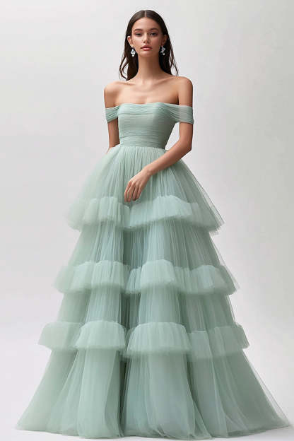 Leely Women Light Green A-Line Maxi Ball Gown Long Prom Dress Off the Shoulder Tulle Tiered Ruched Formal Dress