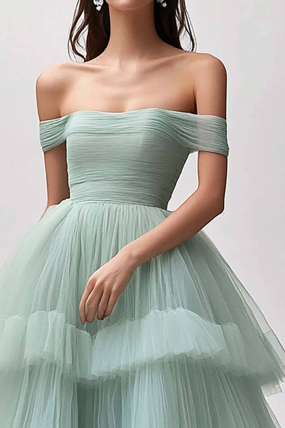 A-Line Light Green Tulle Tiered Ruched Long Prom Dress