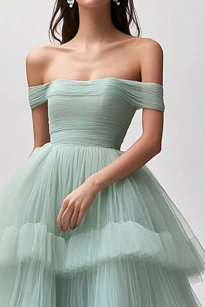 A-Line Light Green Tulle Tiered Ruched Long Prom Dress