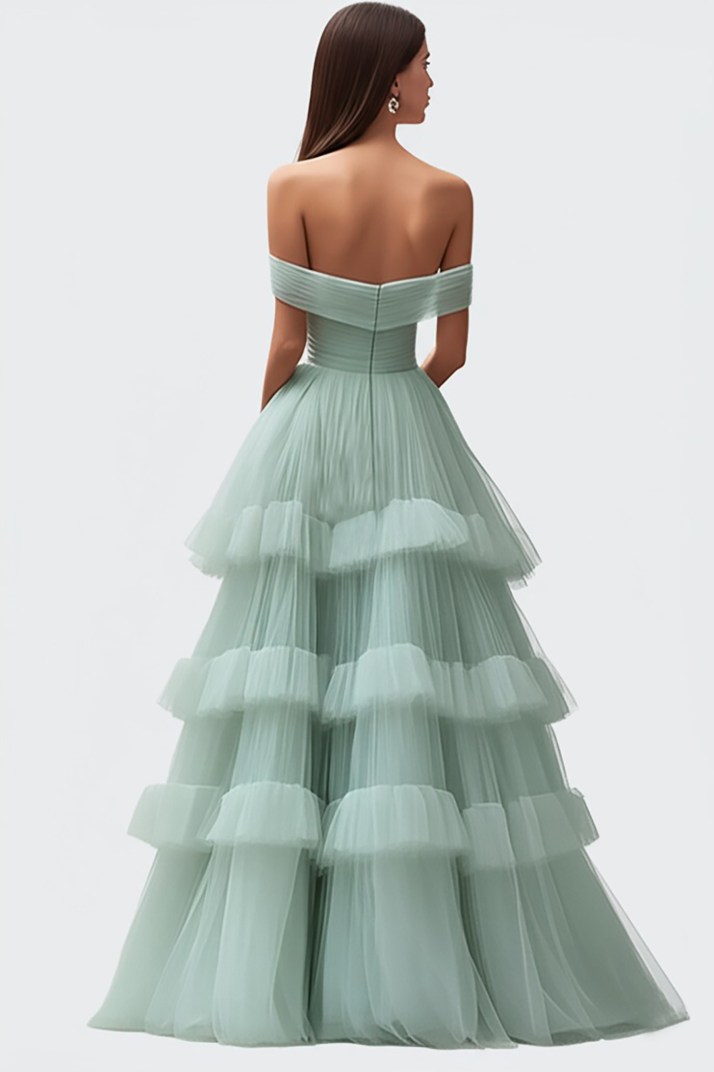 A-Line Light Green Tulle Tiered Ruched Long Prom Dress