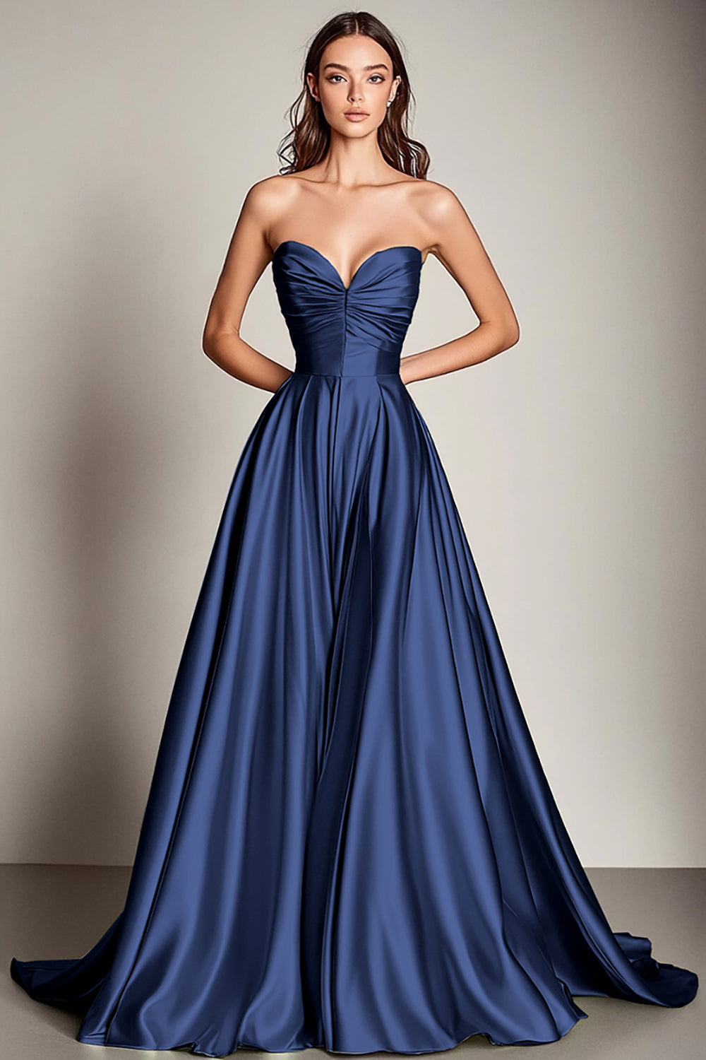 Navy Sweetheart Satin Pleated A-Line Long Prom Dress