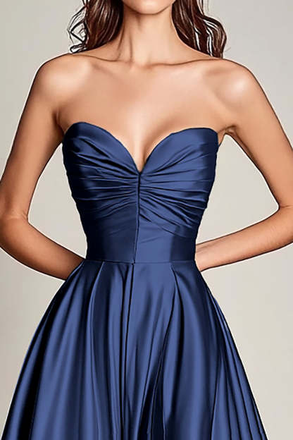 Navy Sweetheart Satin Pleated A-Line Long Prom Dress