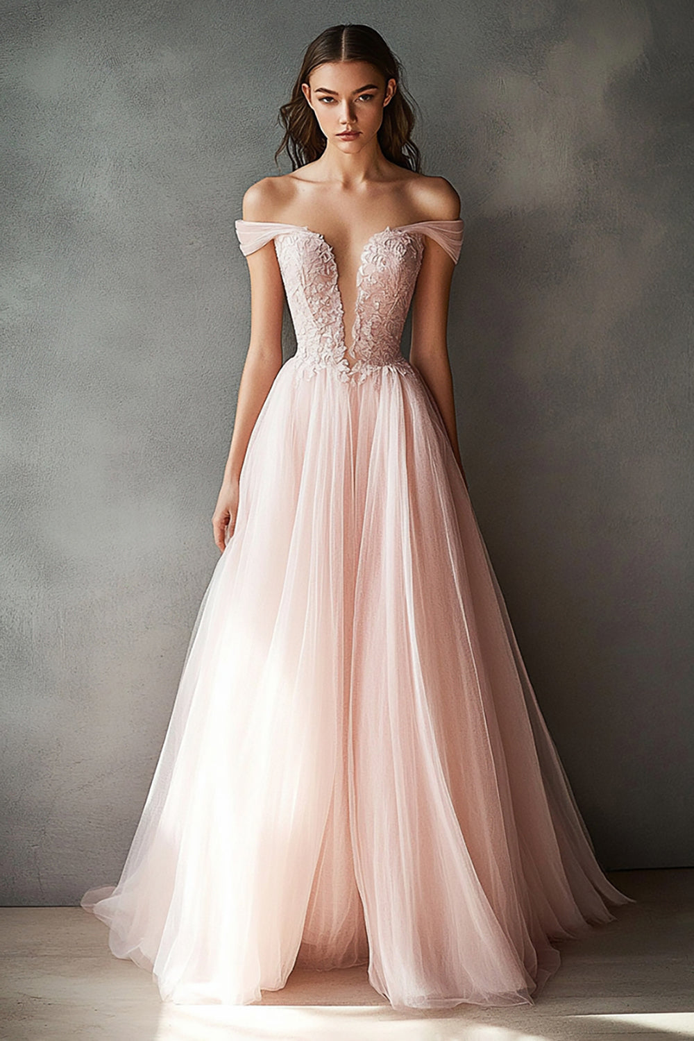 Ball Gown Pink Tulle Off the Shoulder Appliqued Long Prom Dress