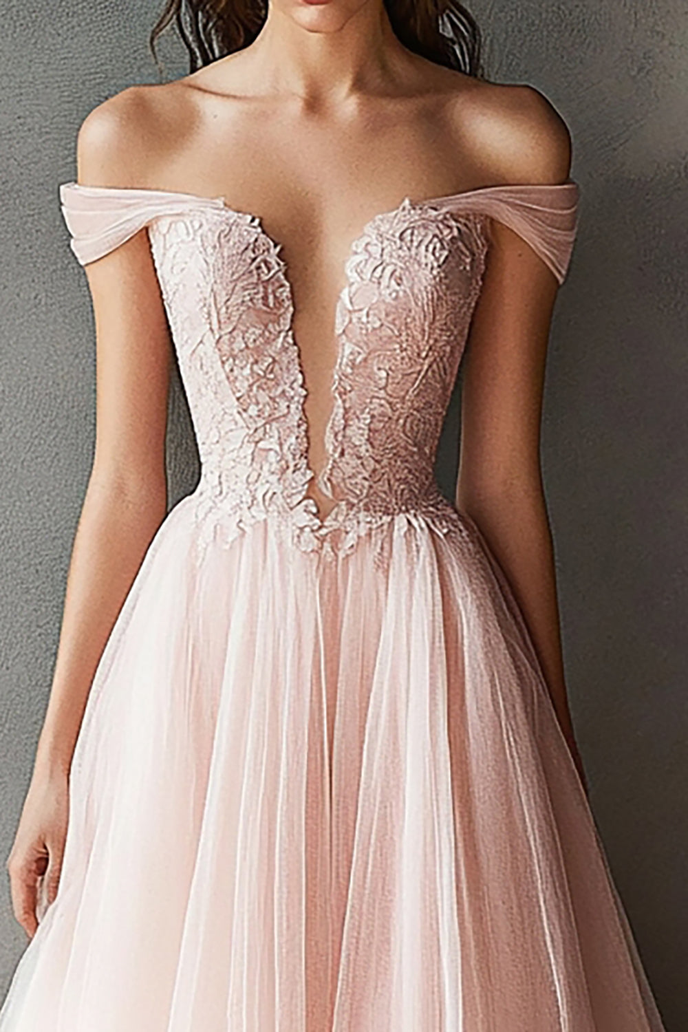 Ball Gown Pink Tulle Off the Shoulder Appliqued Long Prom Dress