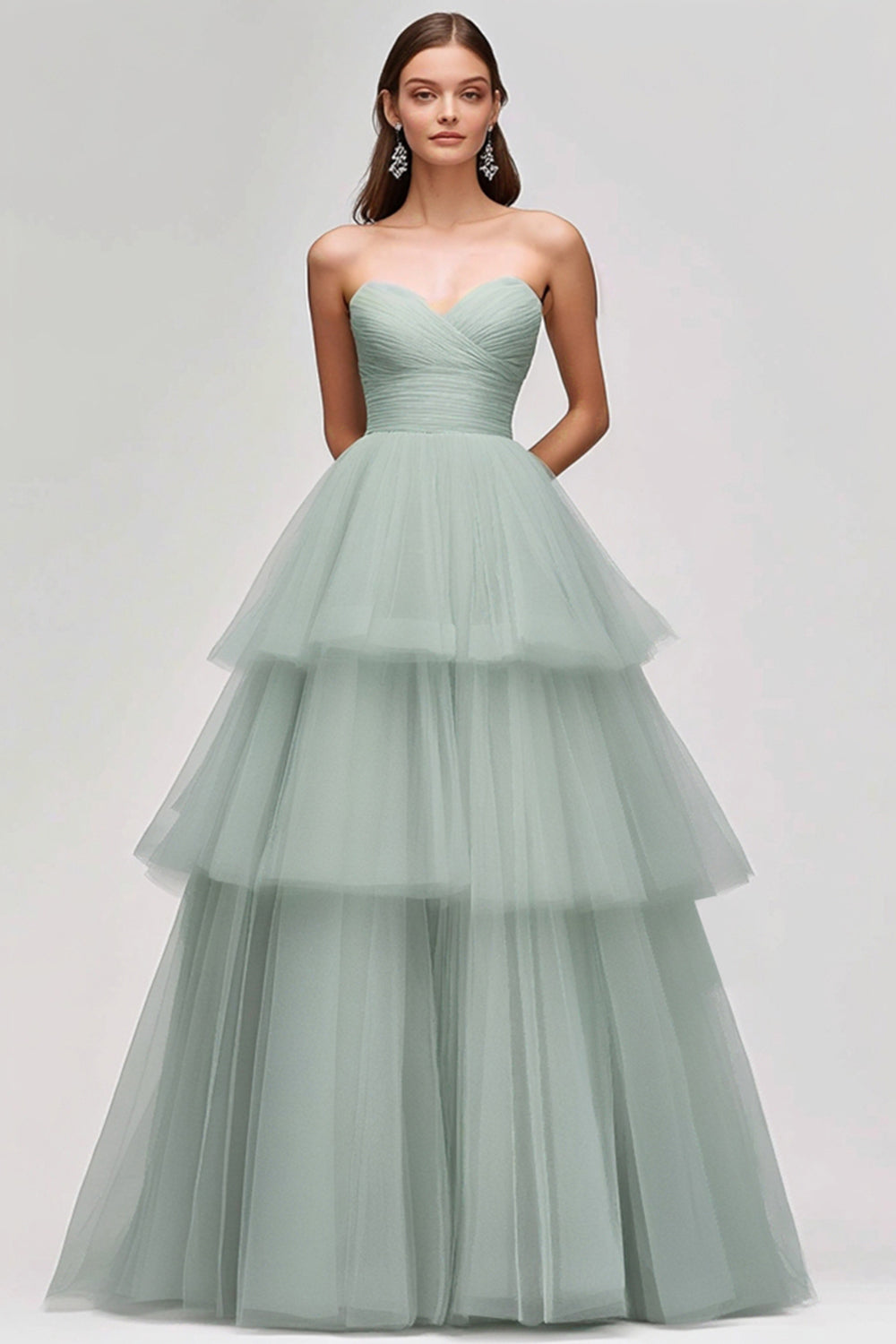 Light Green Ball Gown Tulle Strapless Tiered Long Prom Dress