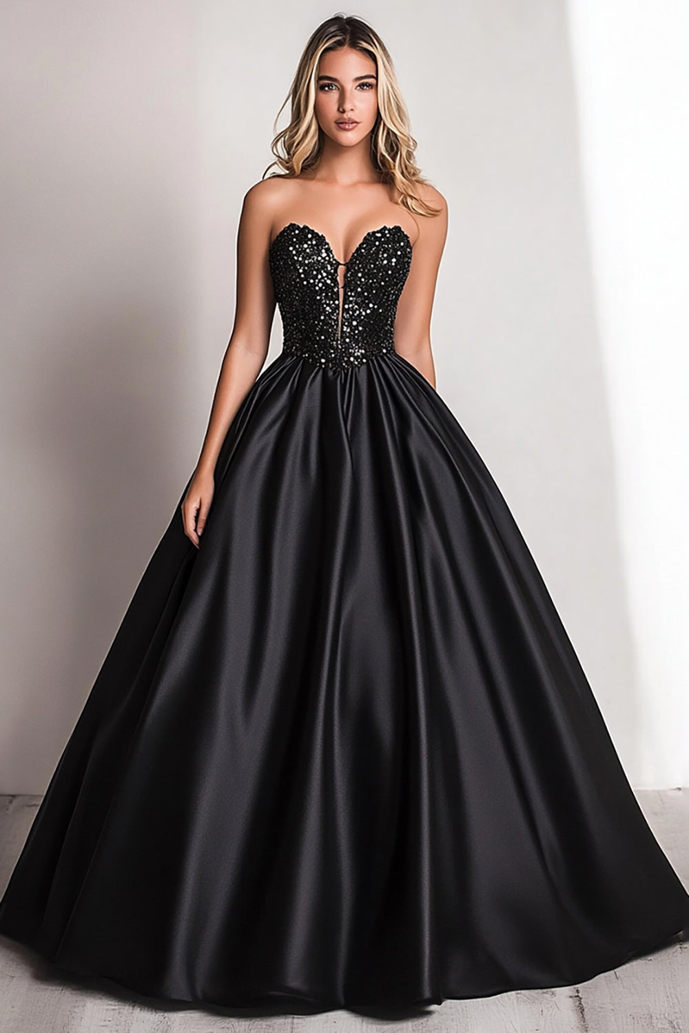 Black Ball Gown A Line Satin Sweetheart Maxi Prom Dress with Sequins