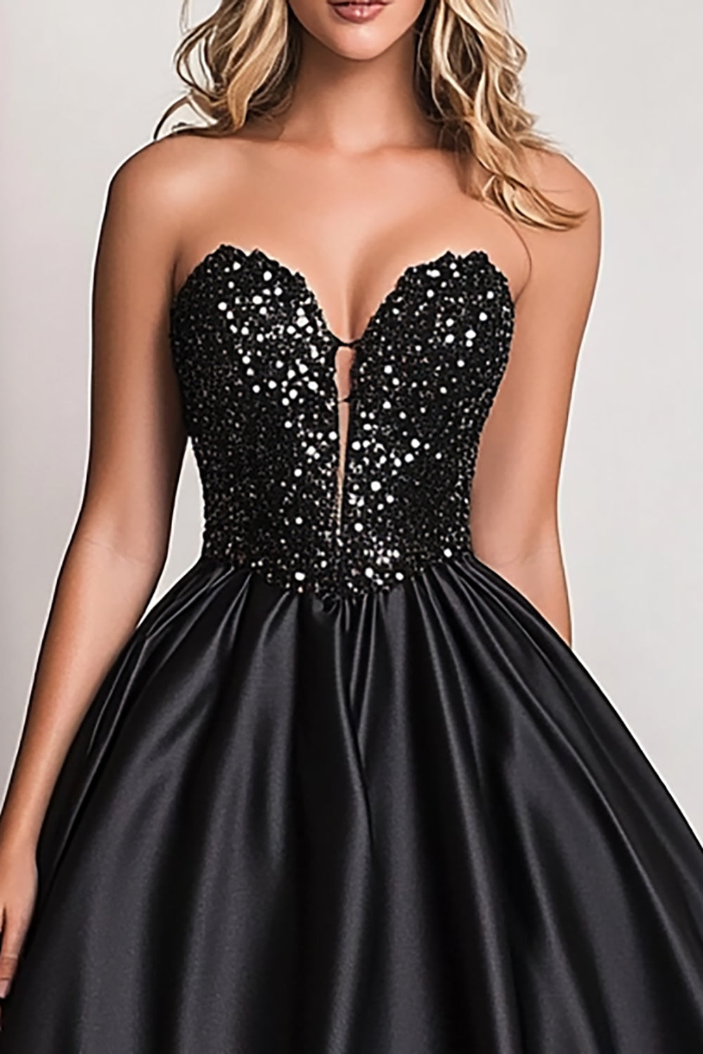 Black Ball Gown A Line Satin Sweetheart Maxi Prom Dress with Sequins