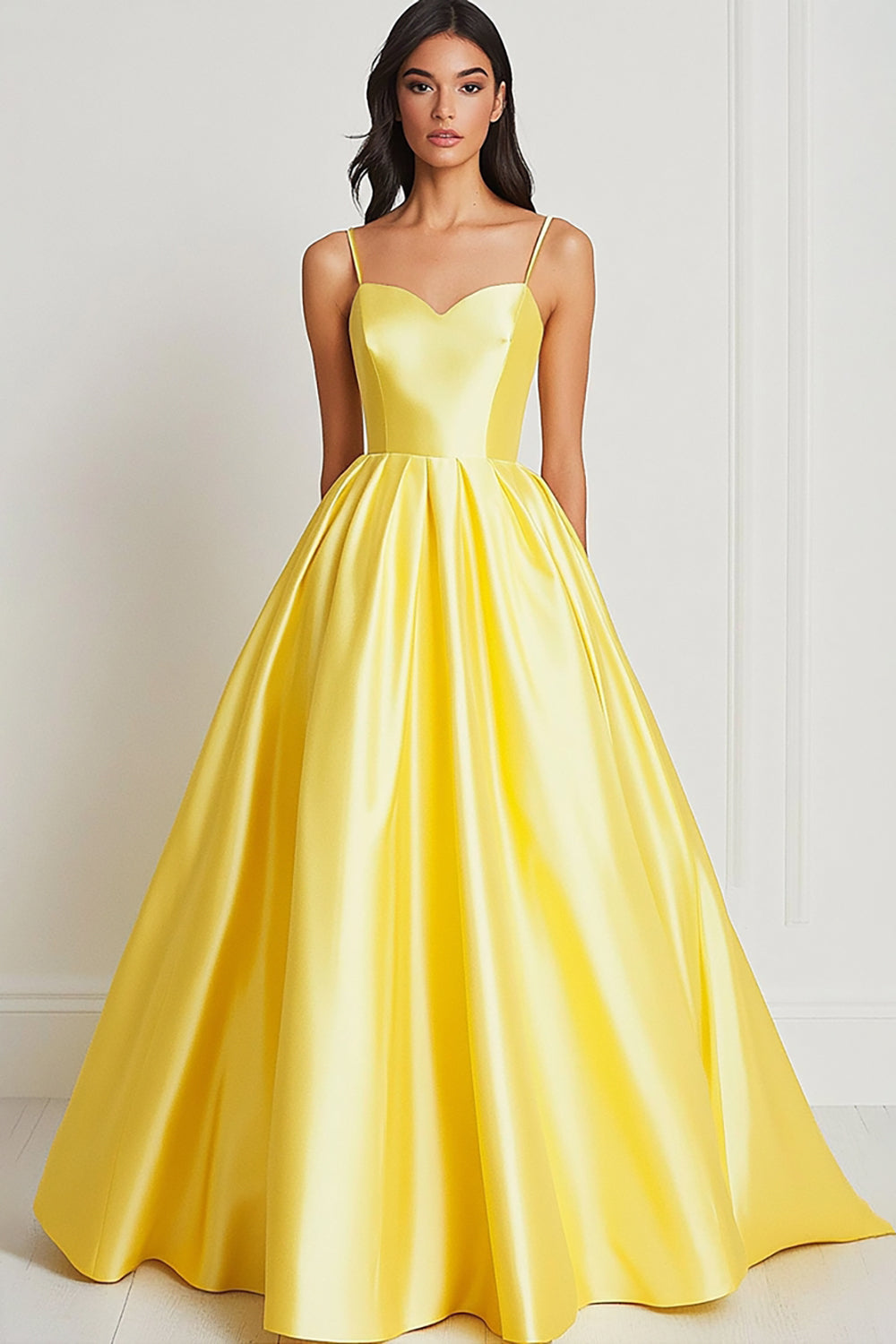 Yellow A Line Satin Sweetheart Spaghetti Straps Maxi Prom Dress