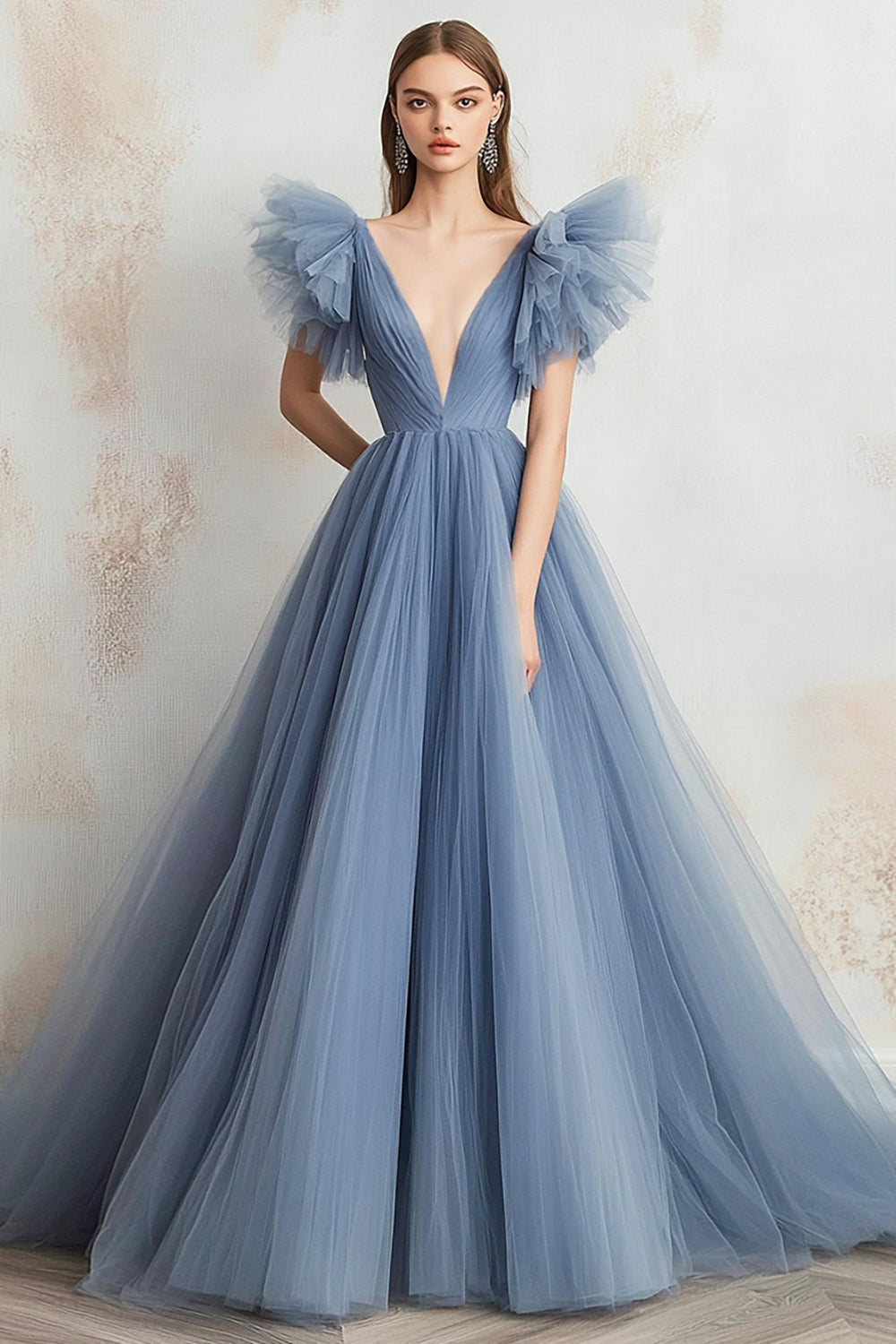Grey Blue A Line Tulle V-Neck Maxi Prom Dress with Ruffles