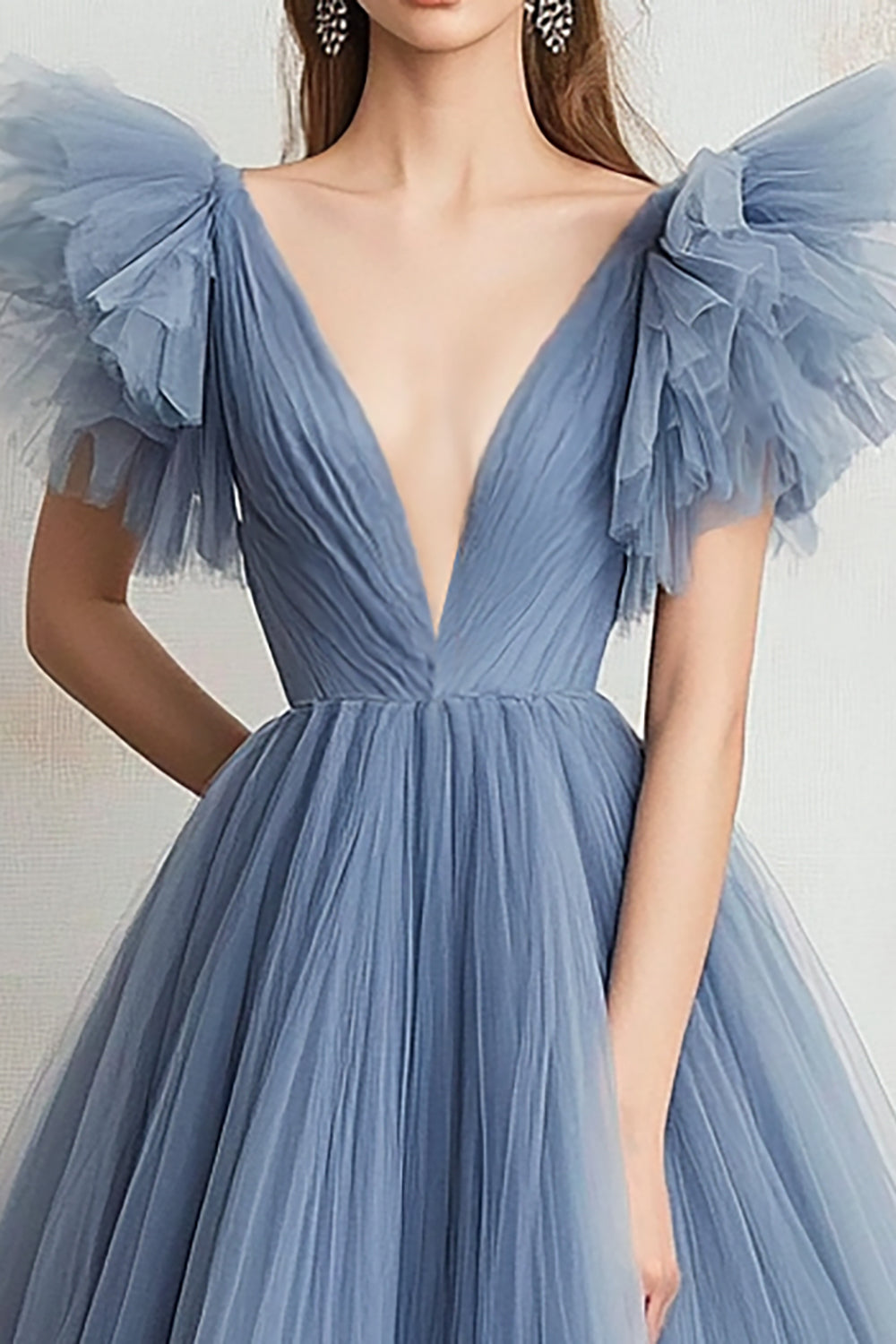 Grey Blue A Line Tulle V-Neck Maxi Prom Dress with Ruffles