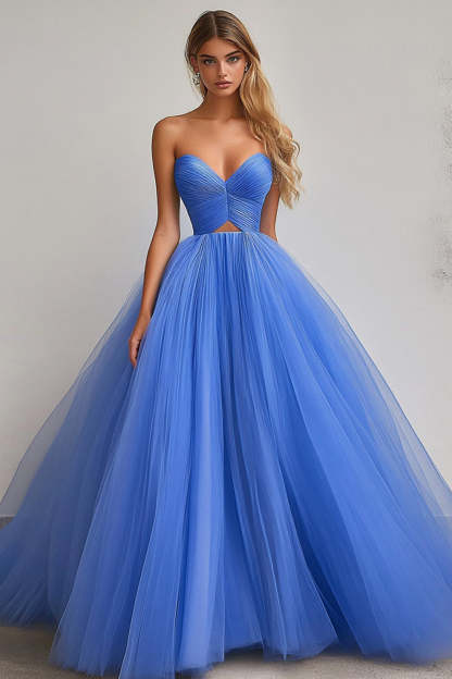 Leely Women Blue Ball Gown A Line Tulle Prom Dress Sweetheart Strapless Pleated Keyhole Long Formal Dress