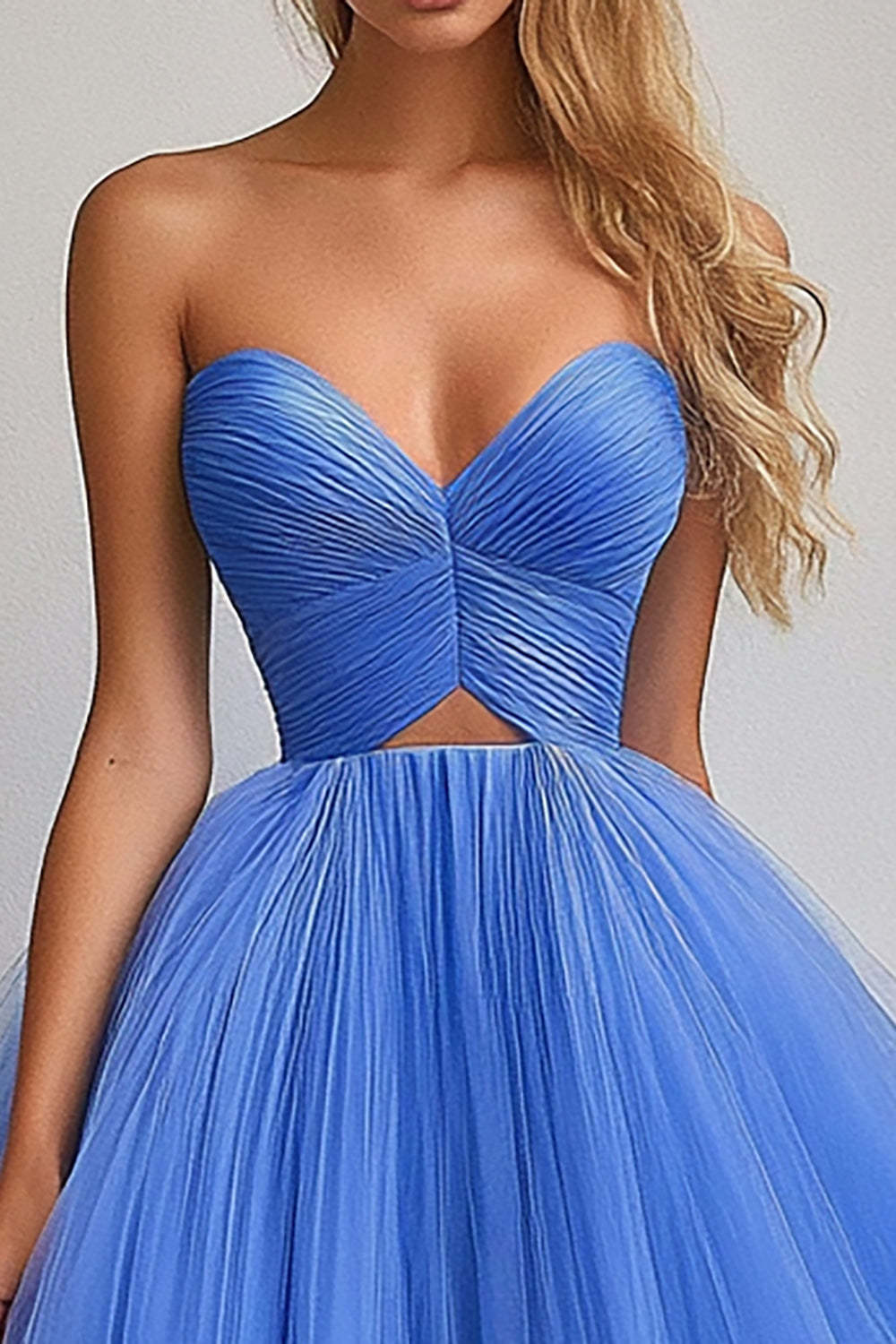Blue Ball Gown Tulle Strapless Pleated A Line Maxi Prom Dress