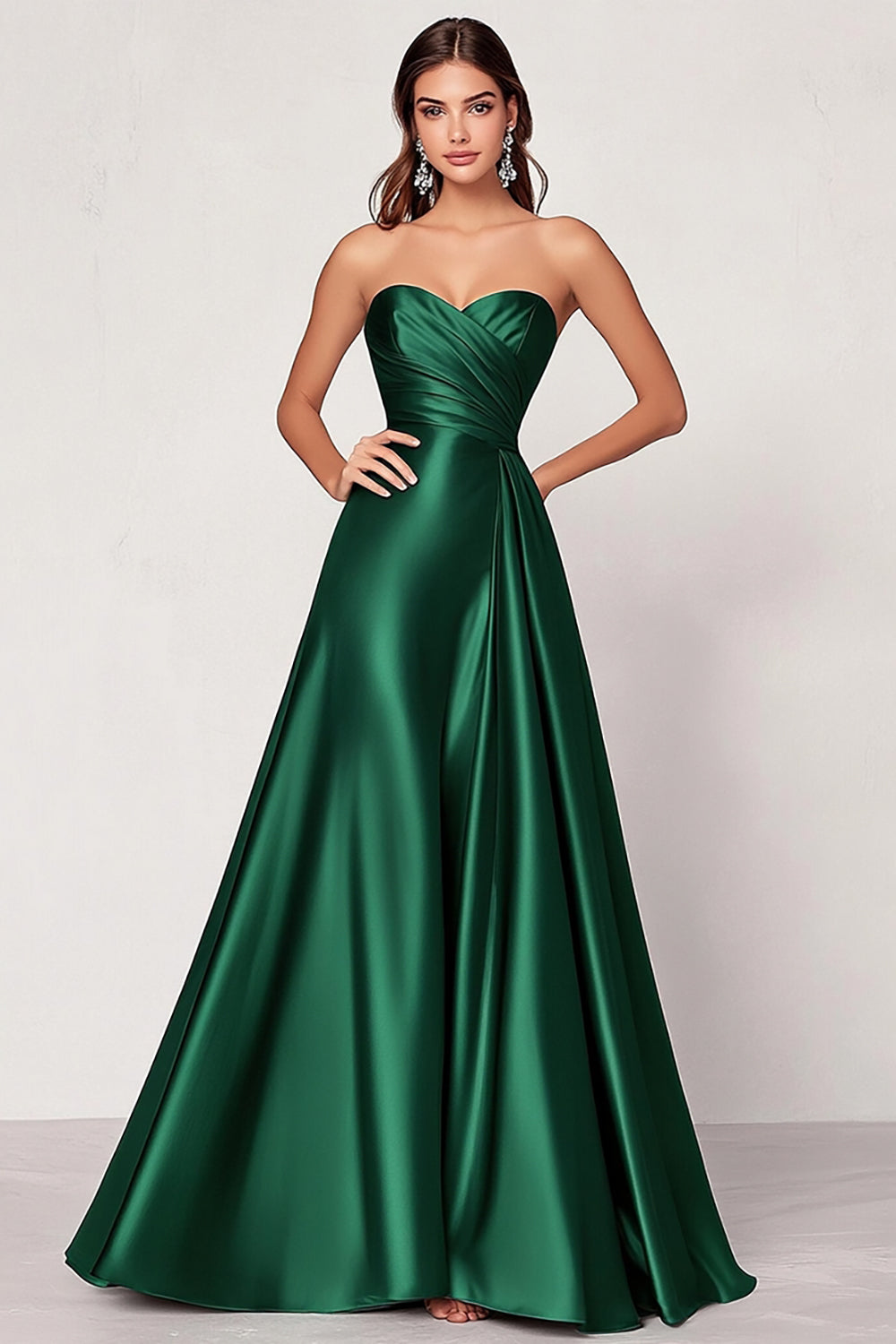 Dark Green A Line Satin Strapless Maxi Prom Dress