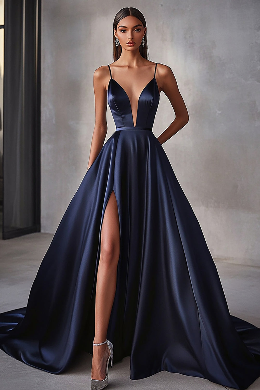 Navy A Line Satin V-Neck Spaghetti Straps Maxi Prom Dress with Slit