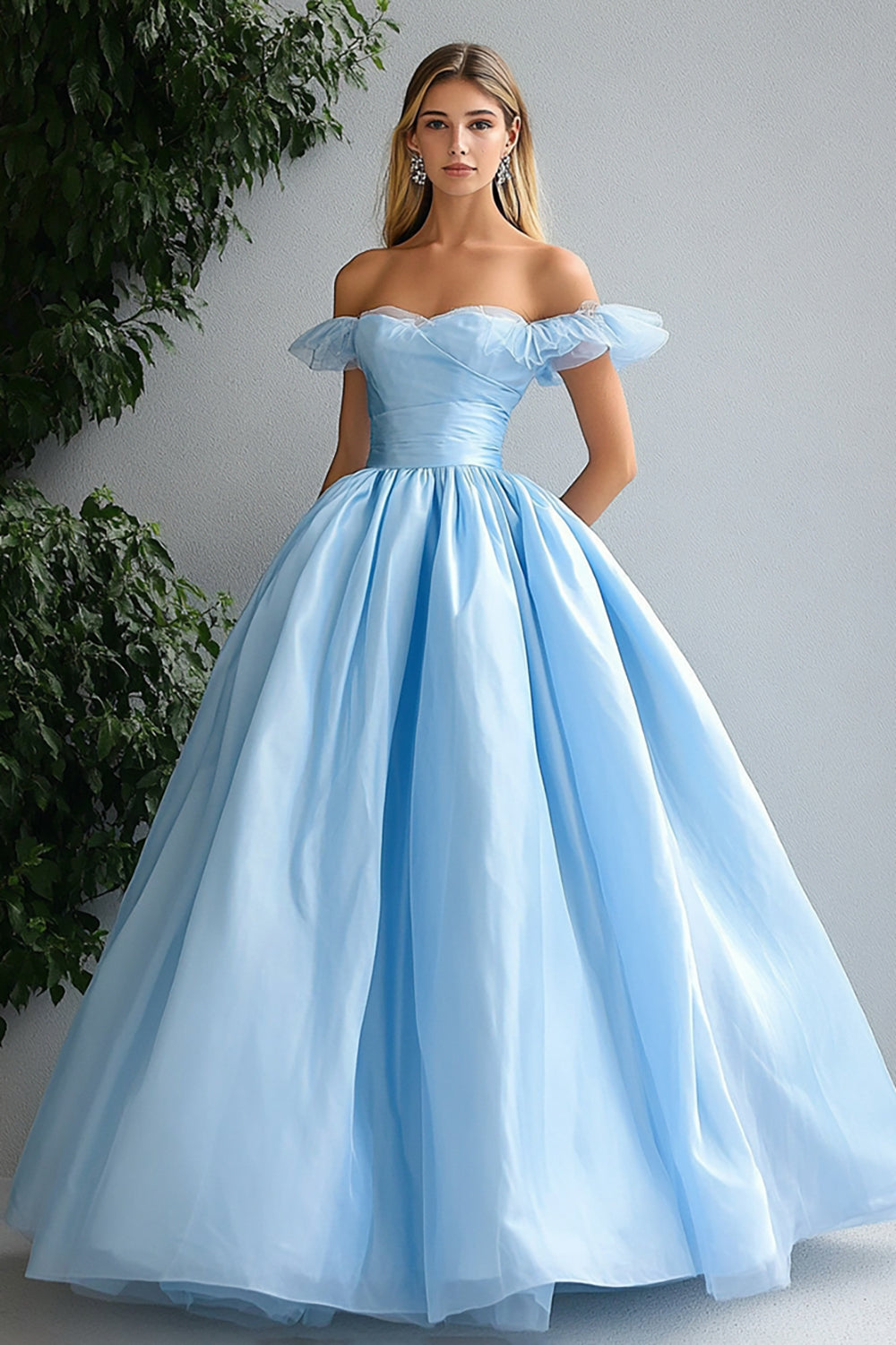 Princess Sky Blue Ball Gown Off the Shoulder Maxi Prom Dress