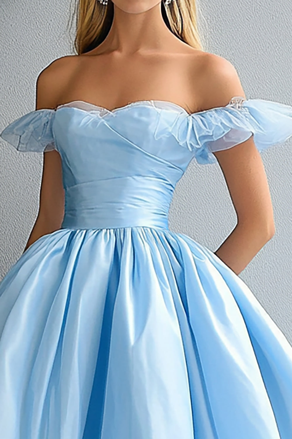 Princess Sky Blue Ball Gown Off the Shoulder Maxi Prom Dress