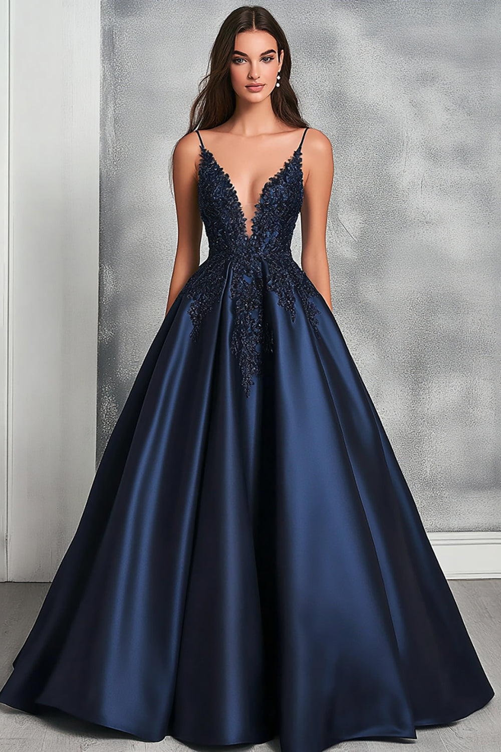 Navy Ball Gown Satin V-Neck Appliqued A Line Maxi Prom Dress