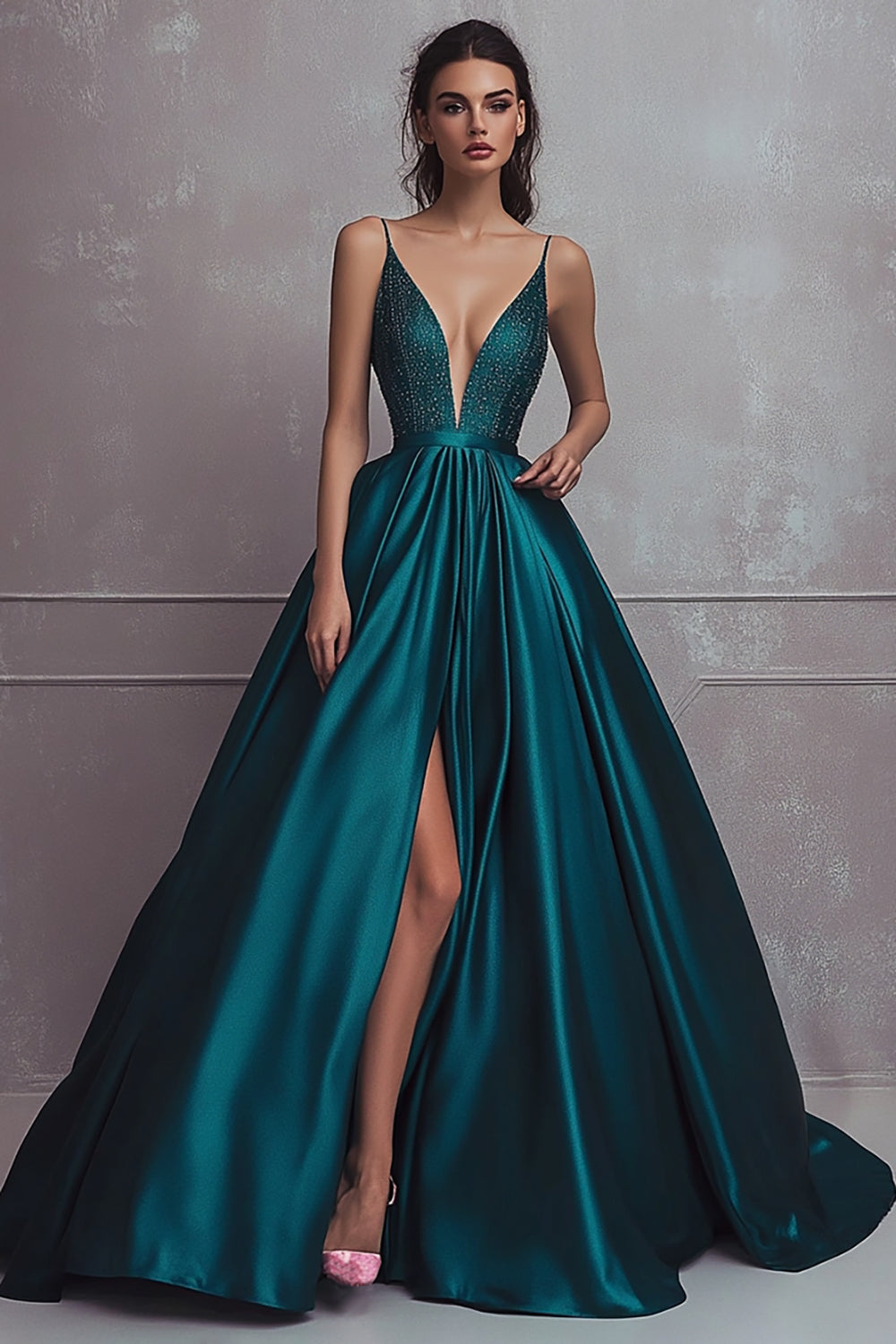 Dark Green Ball Gown V Neck Satin Beaded Maxi Prom Dress with Slit