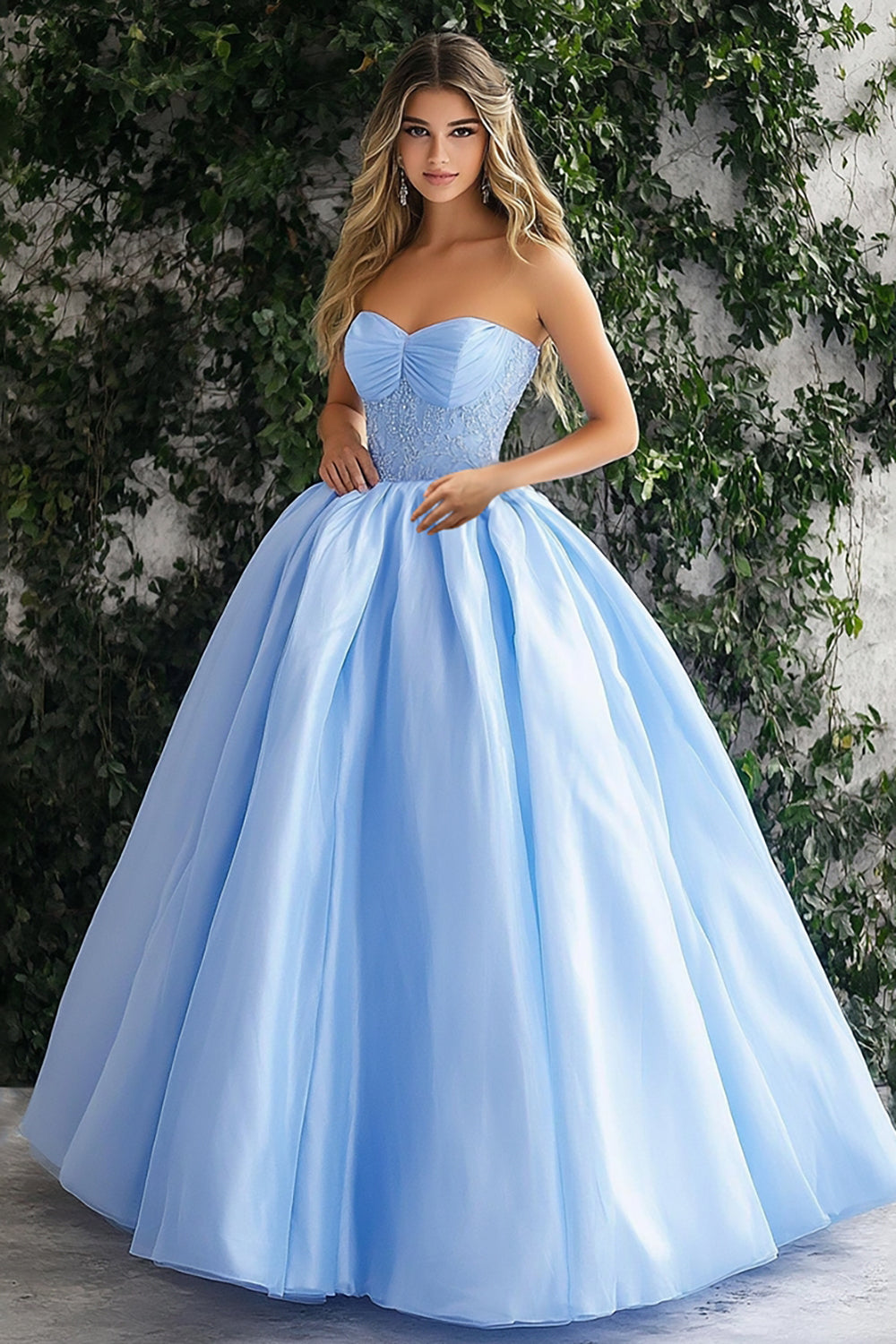 Sky Blue Ball Gown Strapless Maxi Prom Dress with Appliques