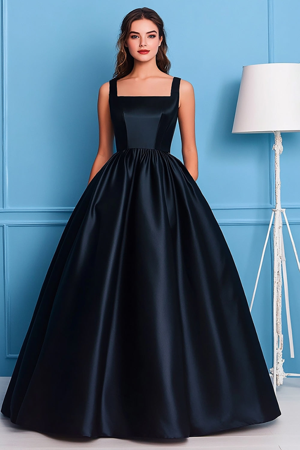 Black A Line Satin Square Neck Sleeveless Maxi Prom Dress