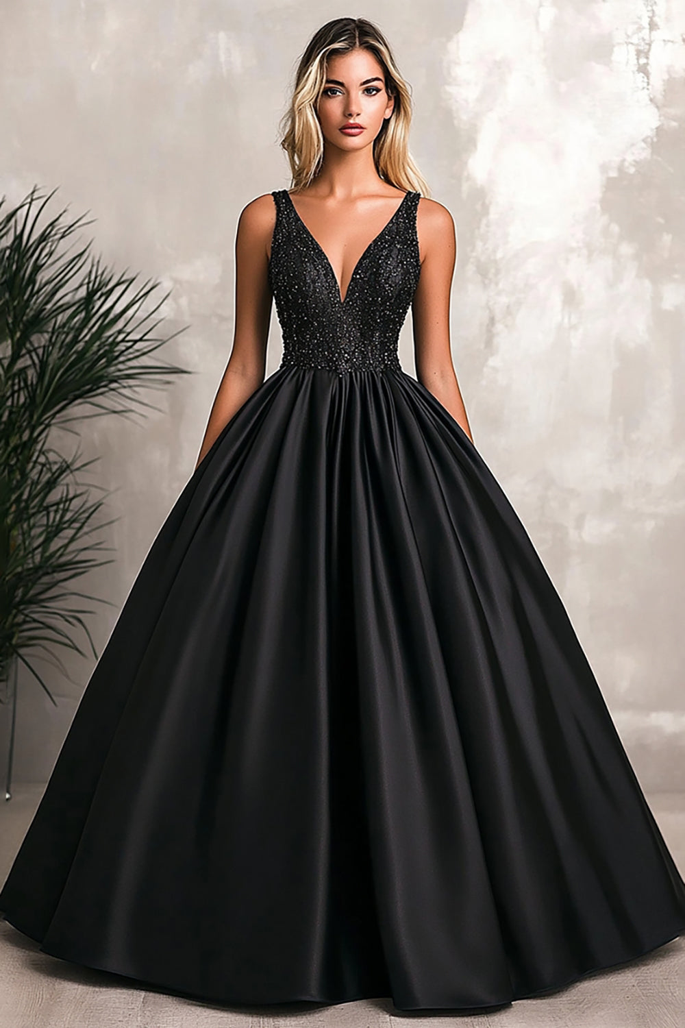 Glitter Black Ball Gown Satin V-Neck Maxi Prom Dress